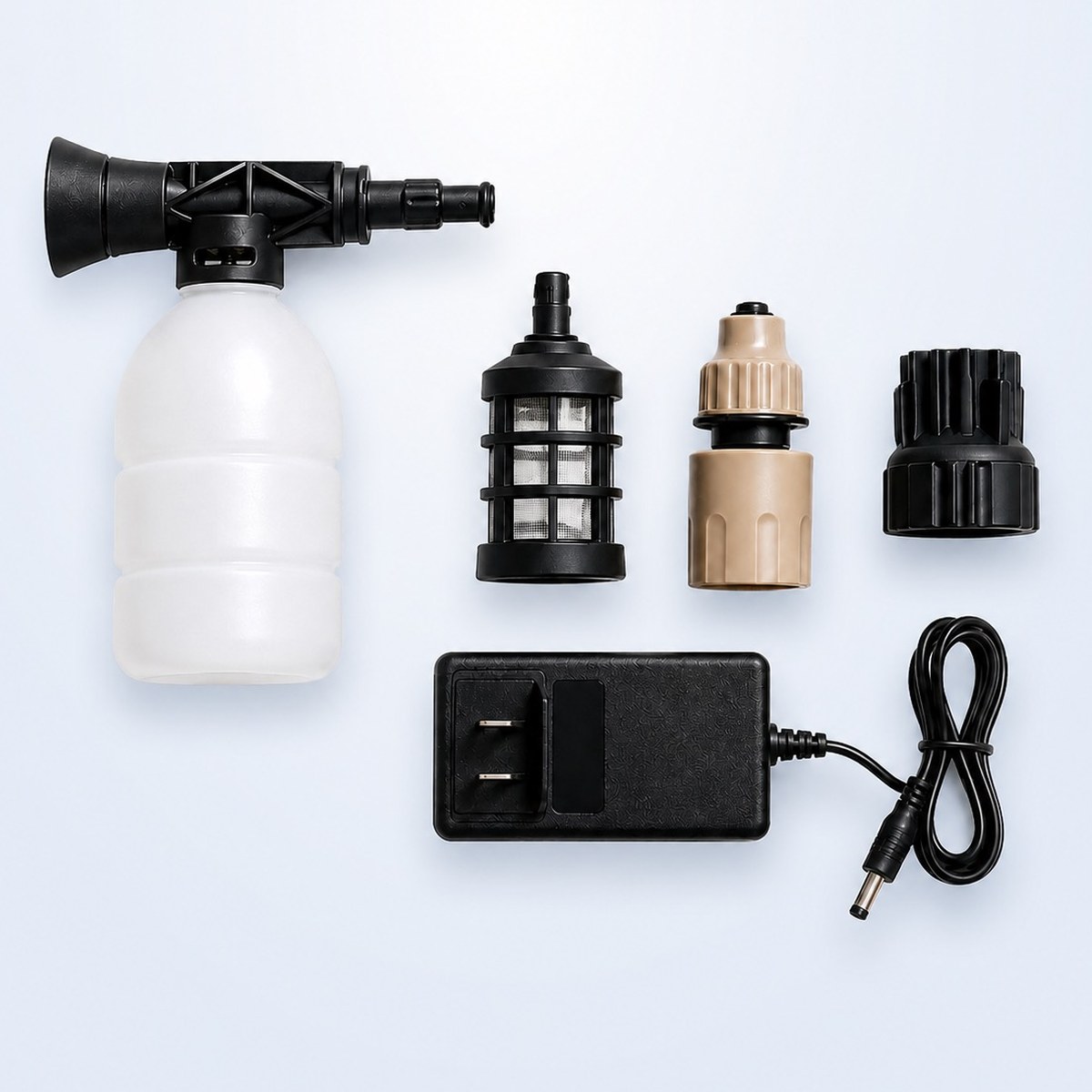 Foam pot, mesh inlet filter, quick-connect coupling, nozzle adapter and US charger