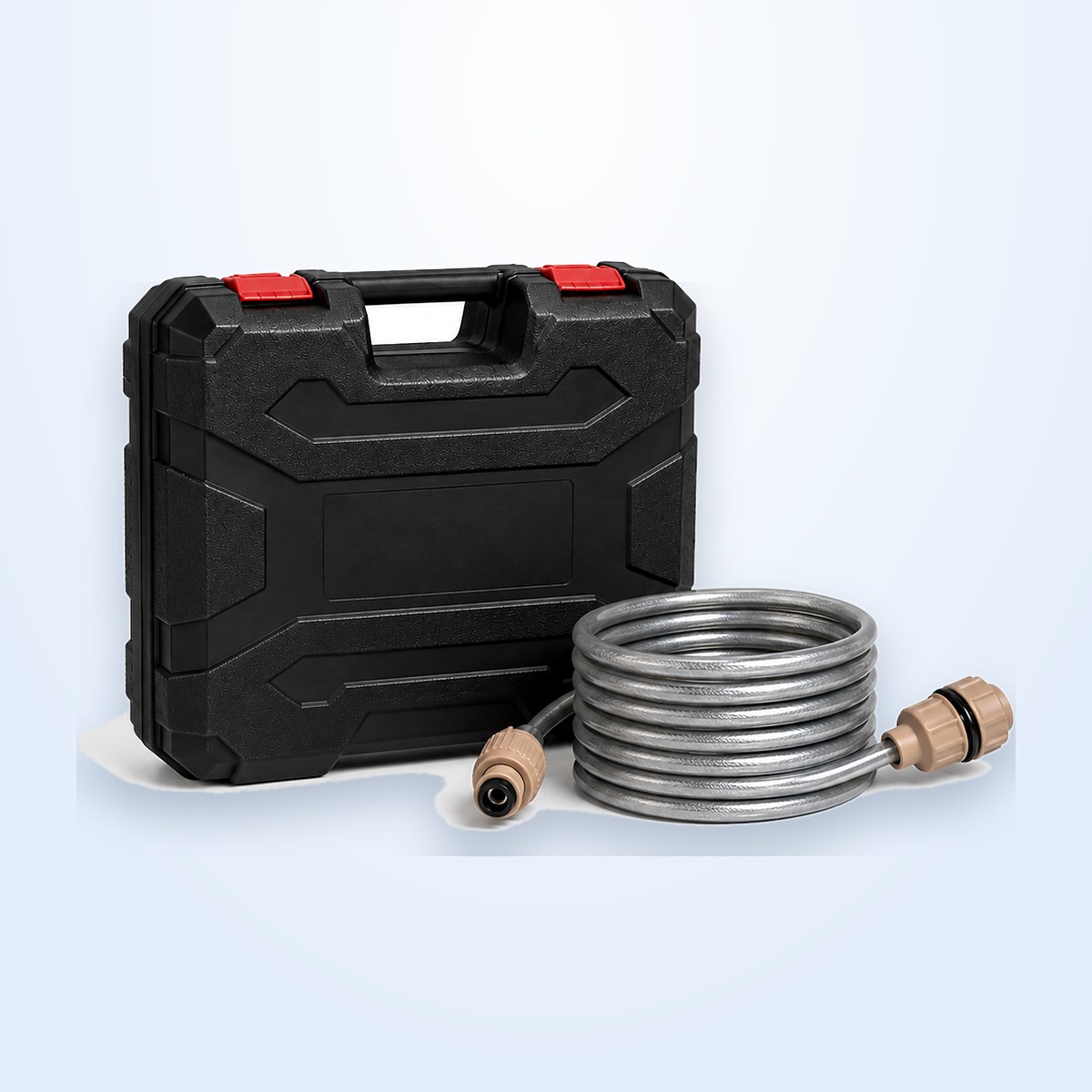 Hard carry case with the coiled suction hose in front of it