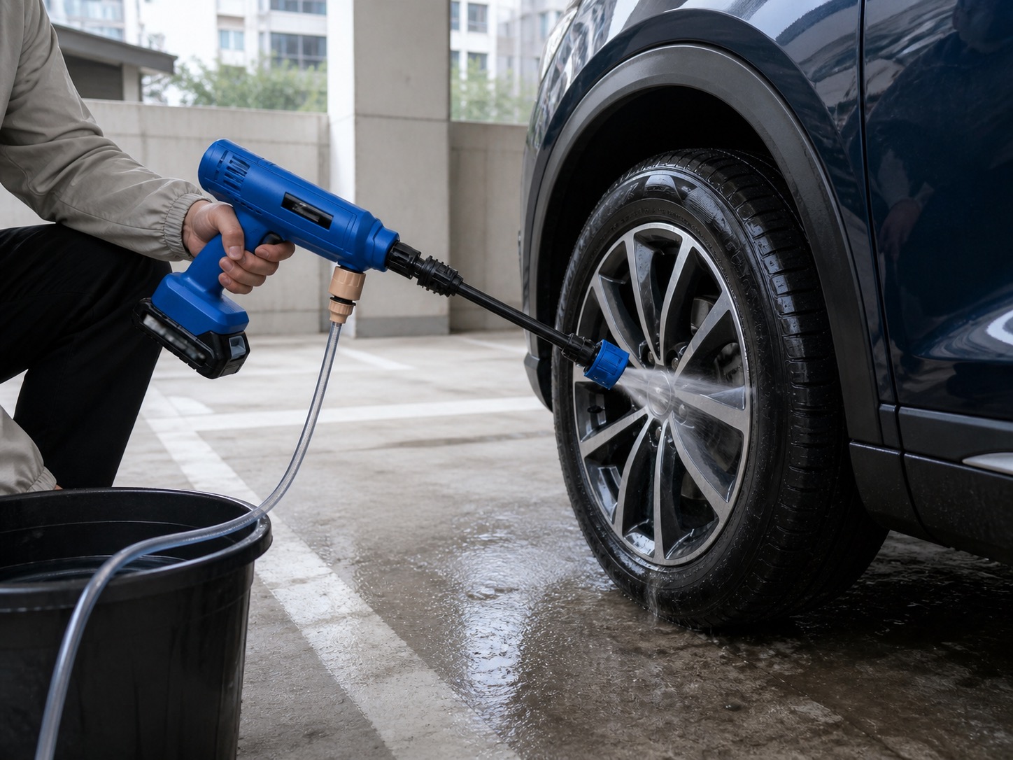 Rinsing a wheel arch in an apartment parking bay, the suction hose running into a bucket on the tarmac