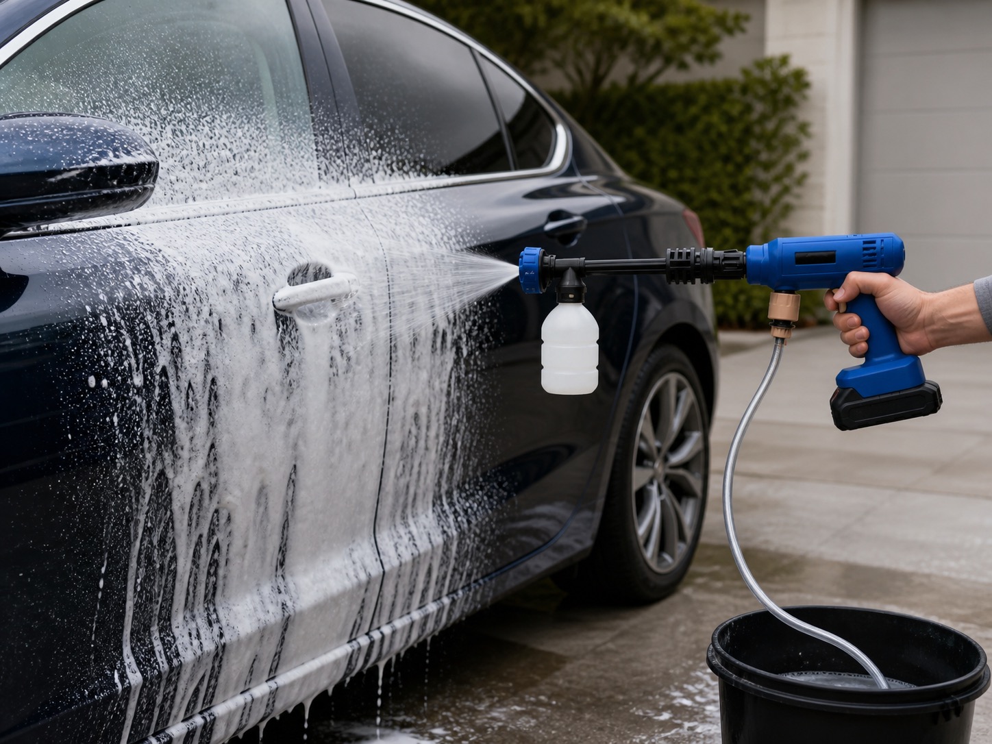 Foam pre-wash on a blue car door, the foam bottle screwed inline and the suction hose in a bucket
